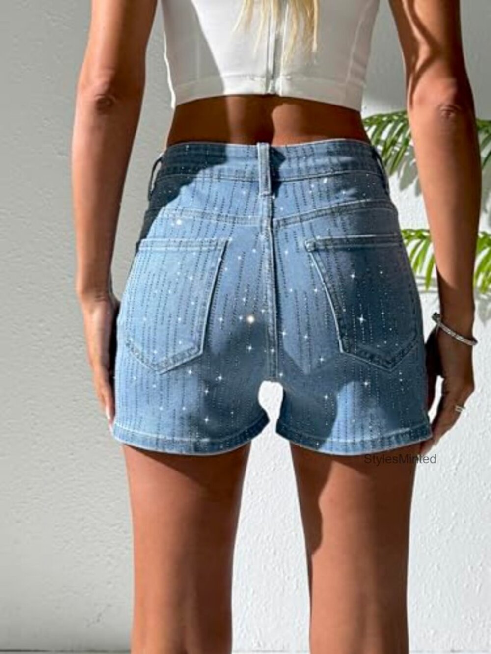 Rhinestone Jean Shorts High Waisted Denim Shorts Sparkle Sequin Glitter Party - Picture 3 of 6